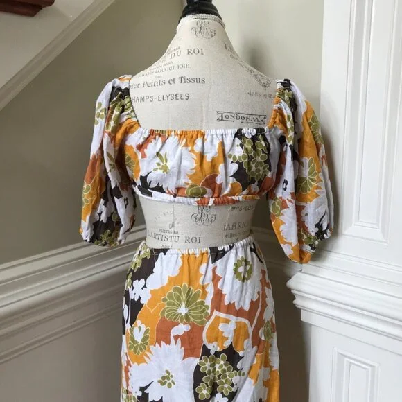 Faithful the Brand Trinita Maxi Dress Womens 2 Yellow White Floral Puff Sleeve